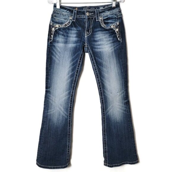 Miss Me Dark Wash Low Rise Jeweled Shiny Flap Pockets Bootcut Jeans 27 - Picture 1 of 12